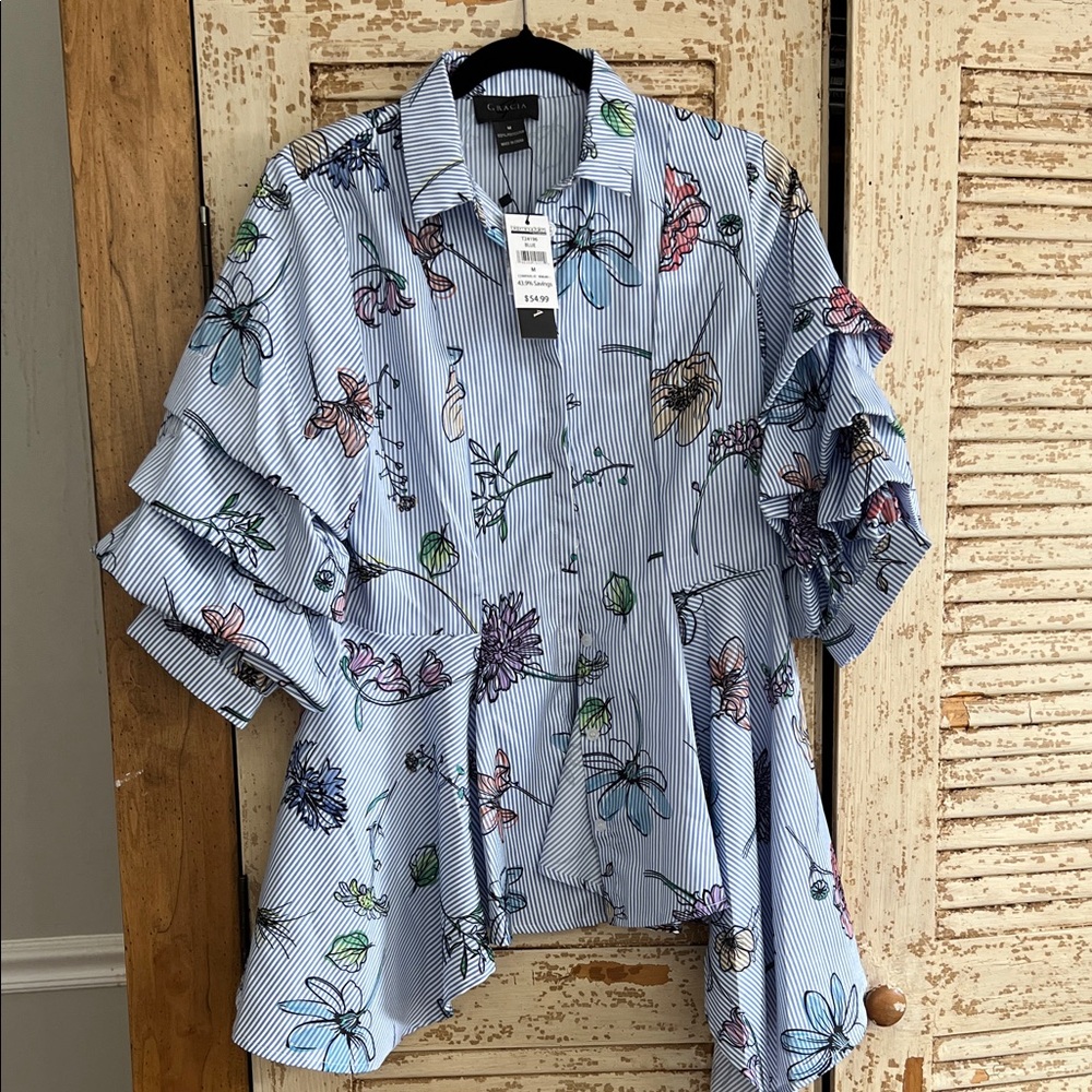 Bloomingdale's Blue Floral Striped Shirt